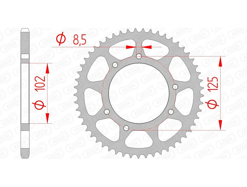 AFAM Steel Standard bakdrev 41100 - 420 med tekniska mått. Perfekt reservdel för Derbi Senda, Aprilia RX och Gilera SMT motorcyklar.