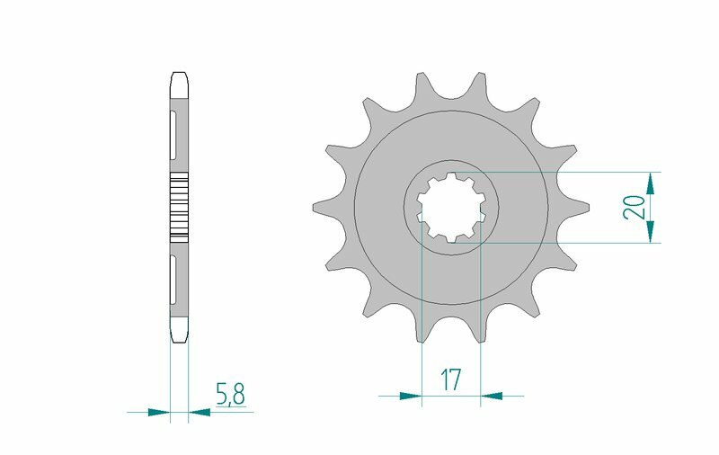 AFAM Steel Self-Cleaning Front Sprocket 24304 - 520 med teknisk ritning och måttspecifikationer. Passar Kawasaki KX 250 F och Suzuki RM Z 250 modeller.