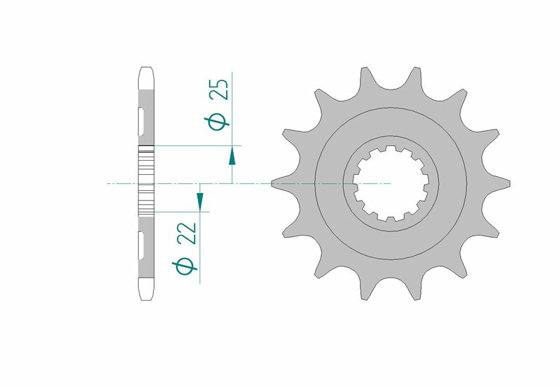 AFAM Steel Standard Front Sprocket 27502 - 520 framdrev med teknisk ritning. Passar Kawasaki KLX 450 och KX 450, tillverkad i slitstarkt stål.