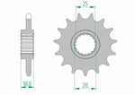 Teknisk specifikation av AFAM Steel Standard Front Sprocket 61801 - 525. Passar Aprilia RSV4 och Tuono, med 28 mm ytterdiameter och 25 mm centrumhål.