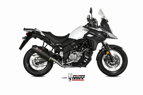 MIVV Oval Full Exhaust SystemCarbon/Carbon End Cap monterat på Suzuki DL650 V-Strom S.049.LEC, visad från sidan. Perfekt för touring och prestandaoptimering.