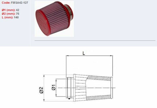 BMC Luchtfilter taps toelopend Ø42mm-FMSA42-127 FMSA42-127