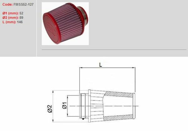BMC Luchtfilter taps toelopend Ø52mm-FMS52-127 FMS52-127