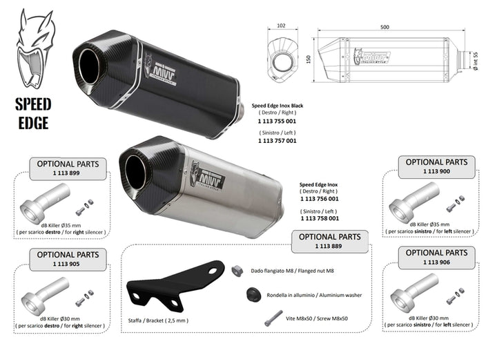 MIVV Speed Edge Universal Silencer - Left Side 00.73.KU.002.SRB i svart finish med kolfiberände, visas med mått och tillval för motorcykeltillbehör.