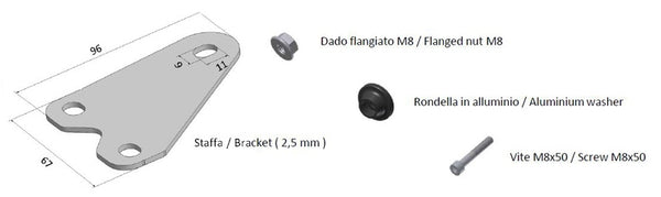 MIVV Mounting Kit for MK3 Muffler 50.SC.KU.001.SM3X med fäste, flänsmutter M8, aluminiumbricka och M8x50 skruv. Reservdel för avgassystem.