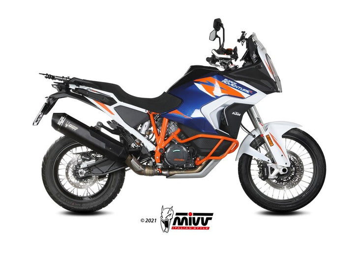 Sidovy av KTM 1290 Super Adventure R utrustad med MIVV Speed Edge Silencer KT.027.LRB, perfekt för reservdelar och tillbehör.