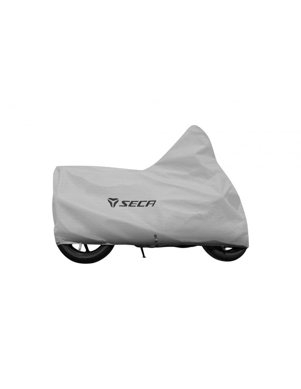 Seca Outdoor Cover Pro i grått, skydd för motorcyklar med slitstarkt material och passform för olika storlekar från M till 3XL.