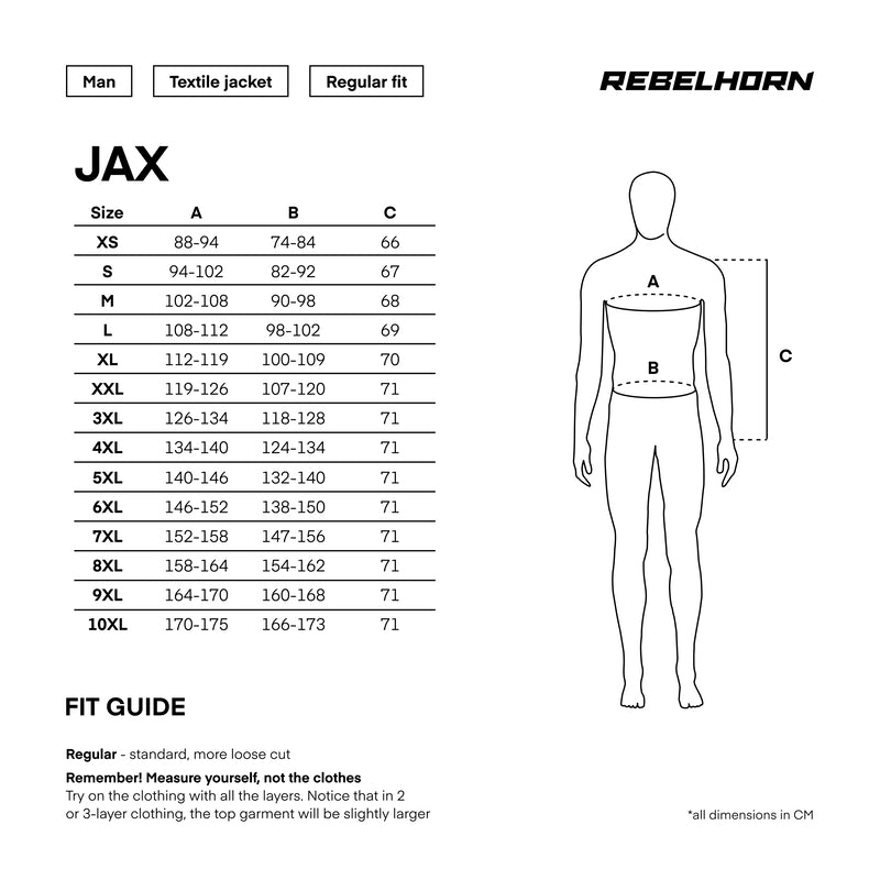 Storleksguide för Rebelhorn MC-jacka Jax, med mått och passform för XS till 10XL, anpassad för olika kroppstyper.