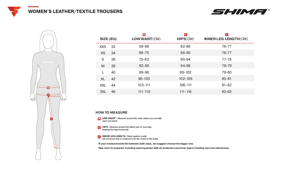 Storlekstabell för Shima Dam Textil Mc-Byxor Rush Svart, med mått för midja, höfter och innerbenslängd i olika storlekar.