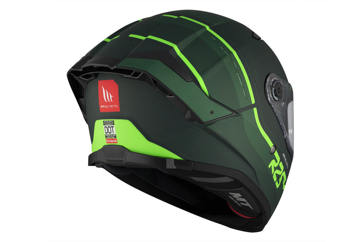 Baksidan av MT Helmets Integral Mc-Hjälm Thunder 4 SV R25 Grön med neon-detaljer, DOT-certifiering och robust konstruktion.