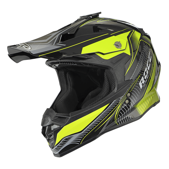 Rocc Cross MC-hjälm 713 i svart och fluorgul design med justerbar skärm och actionkamerafäste. Perfekt för säker motorcykelkörning.