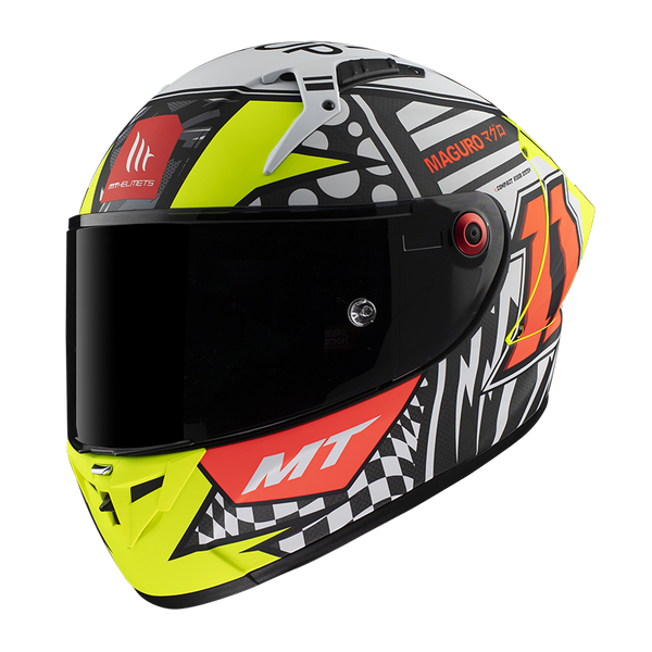 MT Helmets Integral Mc-Hjälm Kre+ Carbon Sergio Garcia med grafisk design i svart, gult och rött, visir och aerodynamisk form.
