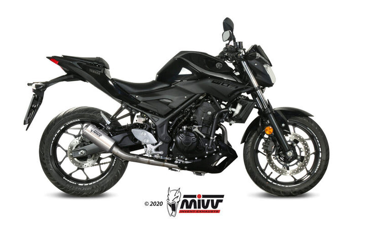 MIVV MK3 Full Exhaust System - Stainless Steel X.YA.0008.SM3X installerat på Yamaha MT-03, visad från sidan med sportig design och högkvalitativt avgassystem.