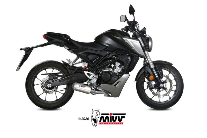 MIVV MK3 Full Exhaust System - Stainless Steel H.076.SM3X installerat på motorcykel, sidosyn. Högpresterande avgassystem för fordonstillbehör.