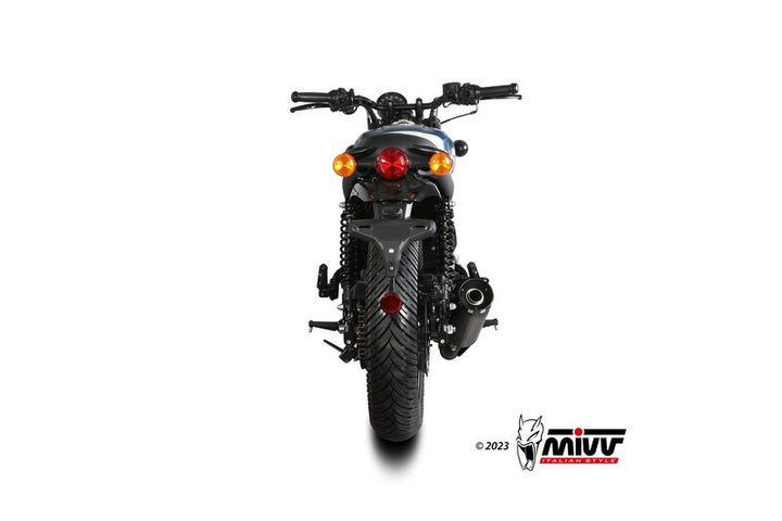 MIVV HR-1 Silencer RE.005.LH1BA installerad på motorcykel, sedd rakt bakifrån. Stilren ljuddämpare för tillbehör och avgassystem.