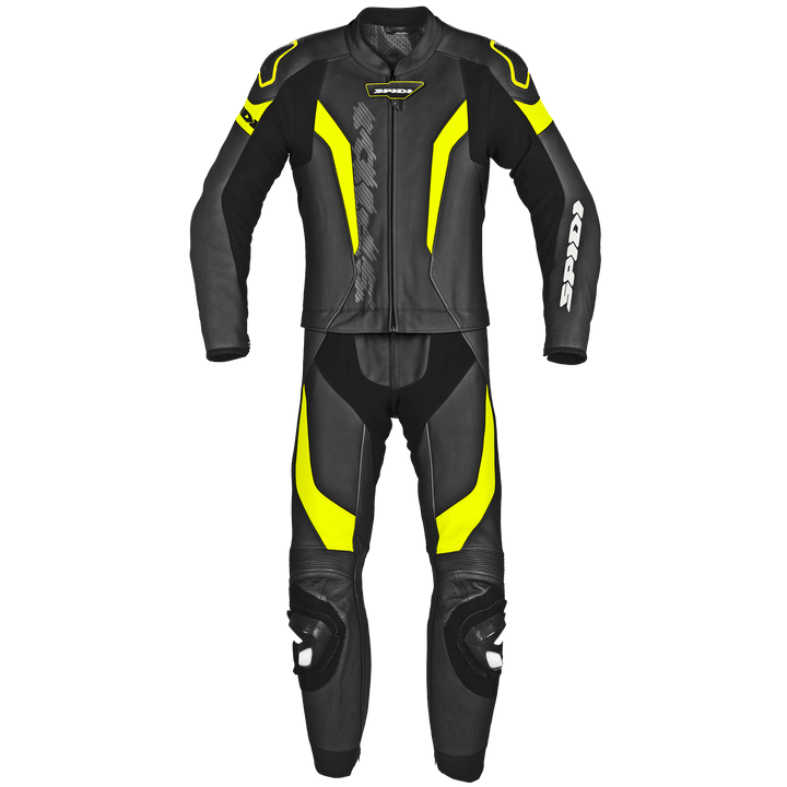 Spidi Mc-Skinnställ 2-delat Laser Touring i svart och fluorgul färg, framifrån med aerodynamisk design och skyddande material.
