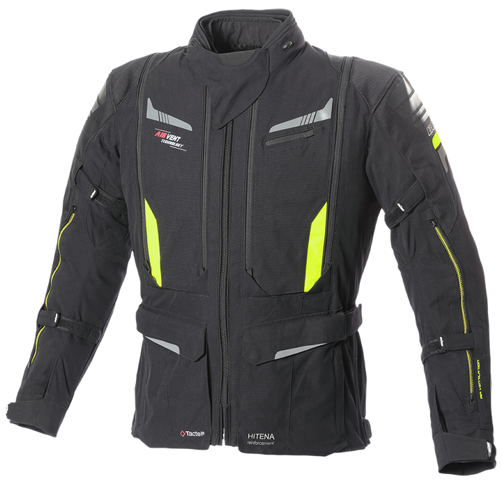 Buse Textil Mc-Jacka Agadir Svart med neon-gula detaljer, justerbara remmar och ventilationspaneler fram för optimal komfort.