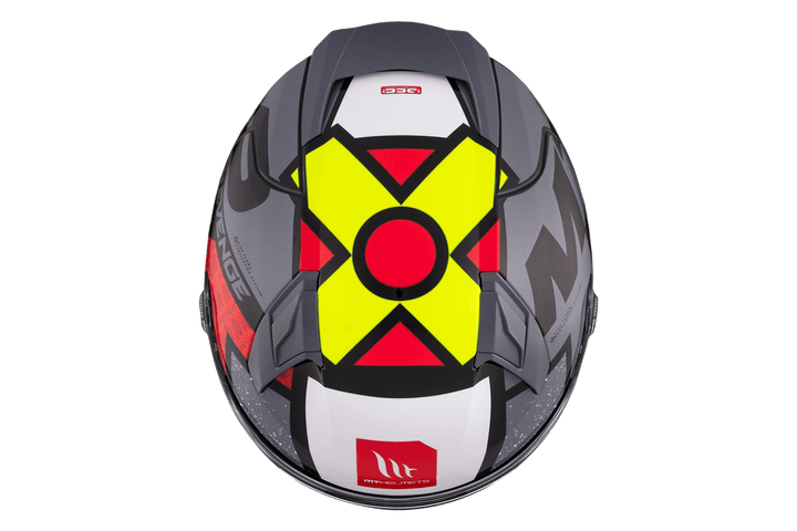 Toppvy av MT Helmets Revenge 2 Hjälm med unikt mönster och hög synlighet, idealisk för både dag- och nattkörning.