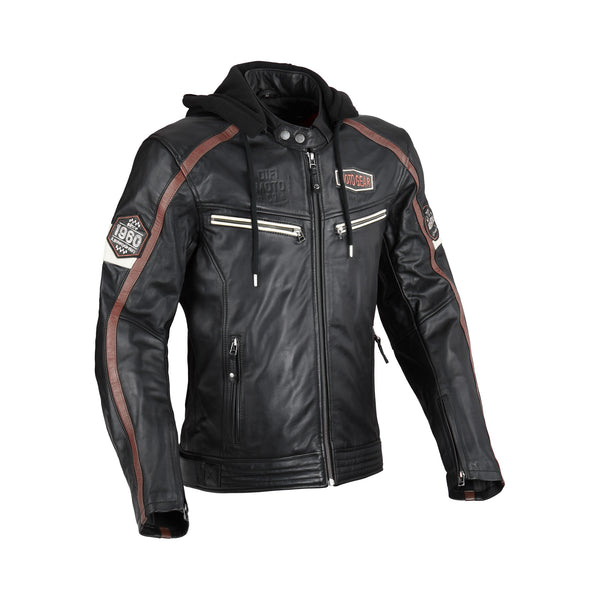 Difi Mc-Skinnjacka Detroit 2 Svart/Brun med vintage-design, dragkedjor och bruna detaljer, framifrån. Finns i storlekar 48-62.