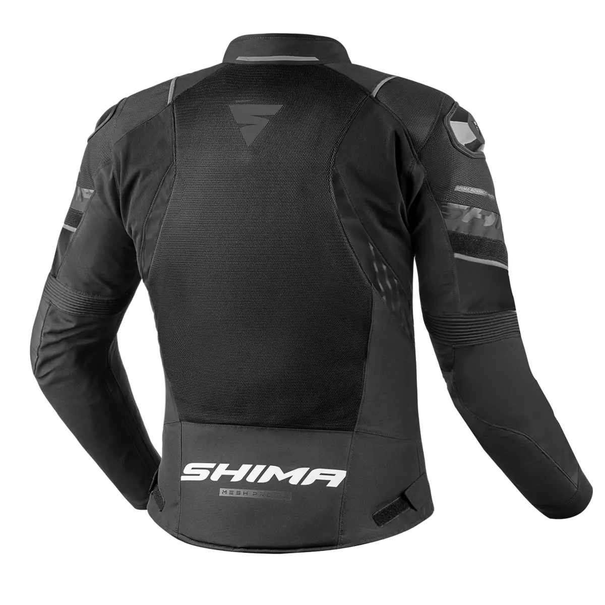 Shima Textil Mc-Jacka Mesh Pro 2.0 Svart, baksida med förstärkta skyddszoner och Shima-logotyp, designad för motorcykelförare.