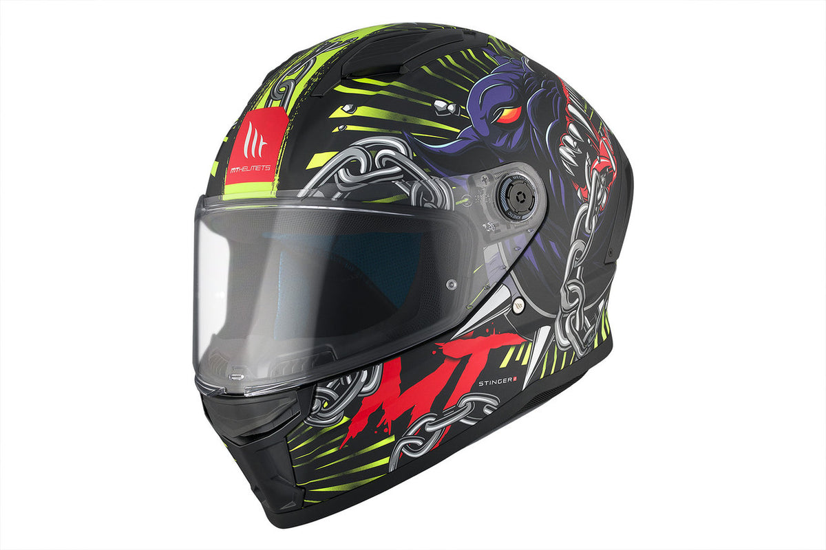 MT Helmets Stinger 2 Akin A3 integralhjälm med sportig design, kedjemotiv och lättviktigt skal. Perfekt för motorcyklister, köp nu!