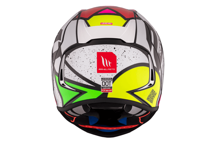 MT Helmets Revenge 2 Light C0 hjälm bakifrån med märkets logotyp, QR-kod och sportig design. Idealisk för motorcyklister som söker kvalitet.