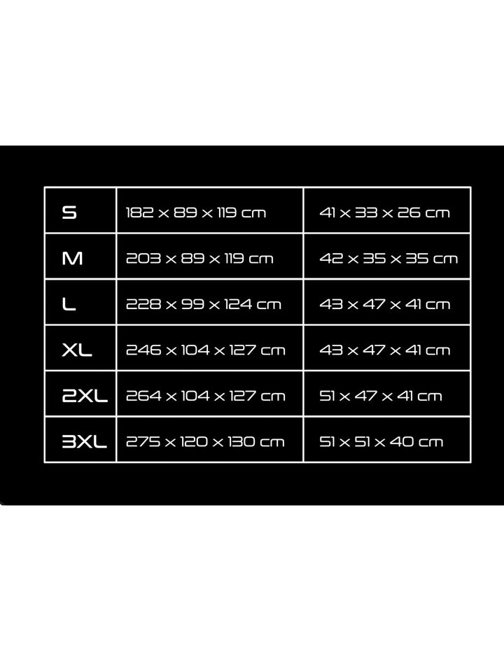 Storlekstabell för Seca Outdoor Cover Top Case Svart. Visar mått för storlekar S, M, L, XL, XXL och 3XL i centimeter.