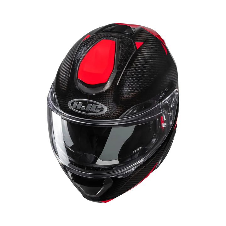 Framsida av HJC mc-hjälm RPHA 91 Carbon Noela i svart och röd, med kolfiberstruktur och klart visir, för stadskörning och touring.
