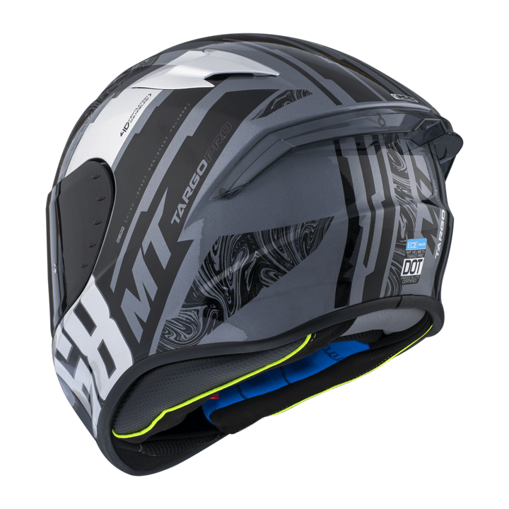 Baksidan av MT Helmets Integral Mc-Hjälm Targo Pro Welcome Grå med stilrena grafiska element och säkerhetscertifiering DOT. Perfekt för motorcyklister.