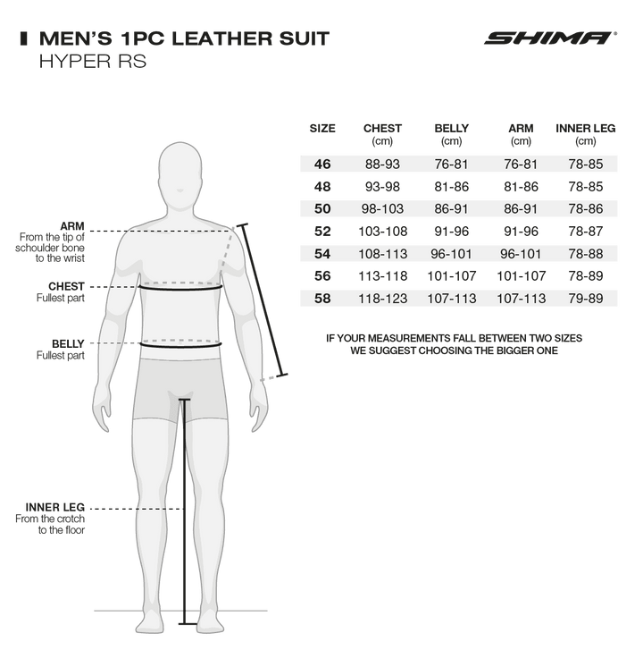 Storleksguide för Shima MC Skinnställ 1-delat Hyper-RS med mått för bröst, midja, armar och innerben. Hjälper till att välja rätt passform.