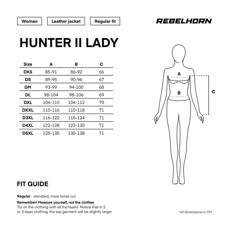 Storleksguide för Rebelhorn Dam Mc-Jacka Hunter II Svart med mått i centimeter för att hitta rätt passform.