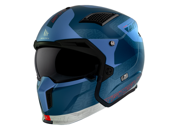 MT Helmets öppen mc-hjälm Streetfighter SV S Totem C17 i blått med modern design, integrerat visir och ventilationssystem.