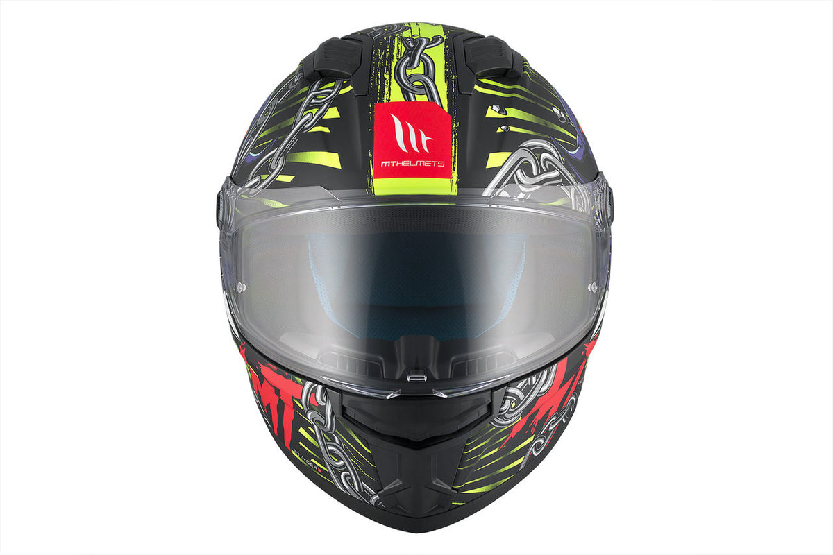 Framsida av MT Helmets Stinger 2 Akin A3 hjälm med aggressiv grafik, visir och aerodynamisk form. Begränsat erbjudande!