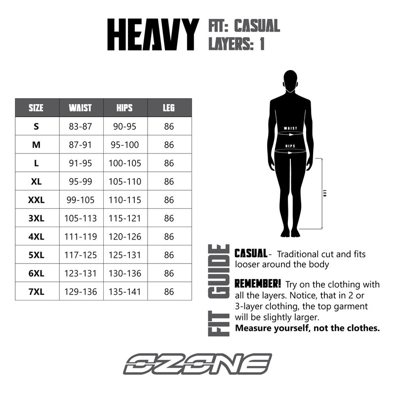 Storleksguide för Ozone Mc-Skinnbyxor Heavy Svart med mått för midja, höfter och ben. Passform: Casual, lager: 1, storlekar S-7XL.