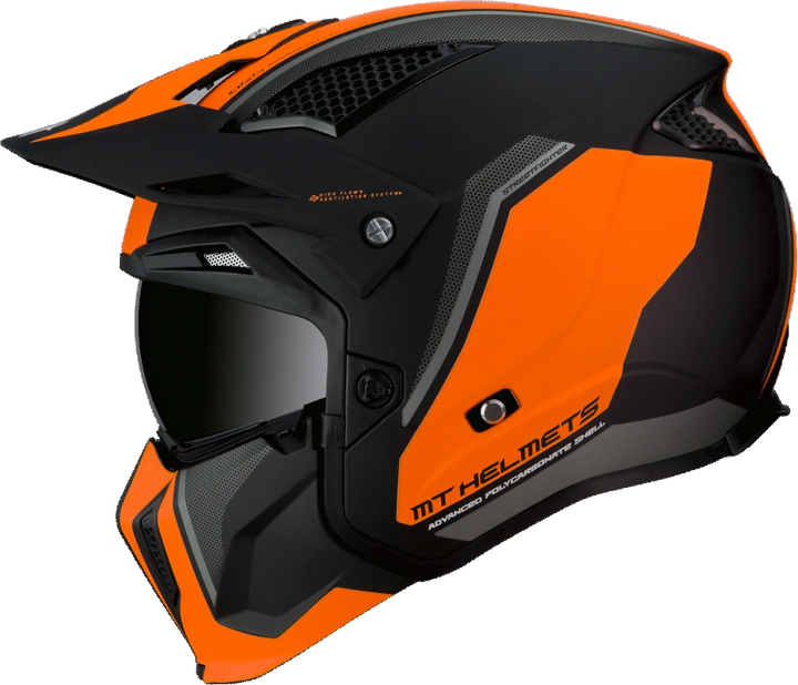 Sidovy av MT Helmets öppen MC-hjälm Streetfighter Twin Orange med aerodynamisk design och avancerad ventilation.