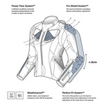 Illustration av Rebelhorn Dam Textil Mc-Jacka Hiker IV Svart med funktioner som Pro Shield System och Power Flow System.