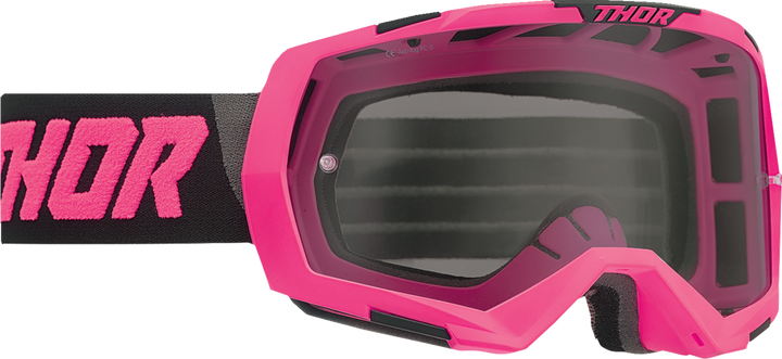Thor Goggles Regiment Rosa med rosa ram och svart band med Thor-logotyp, designade för motocross och damanpassad passform.