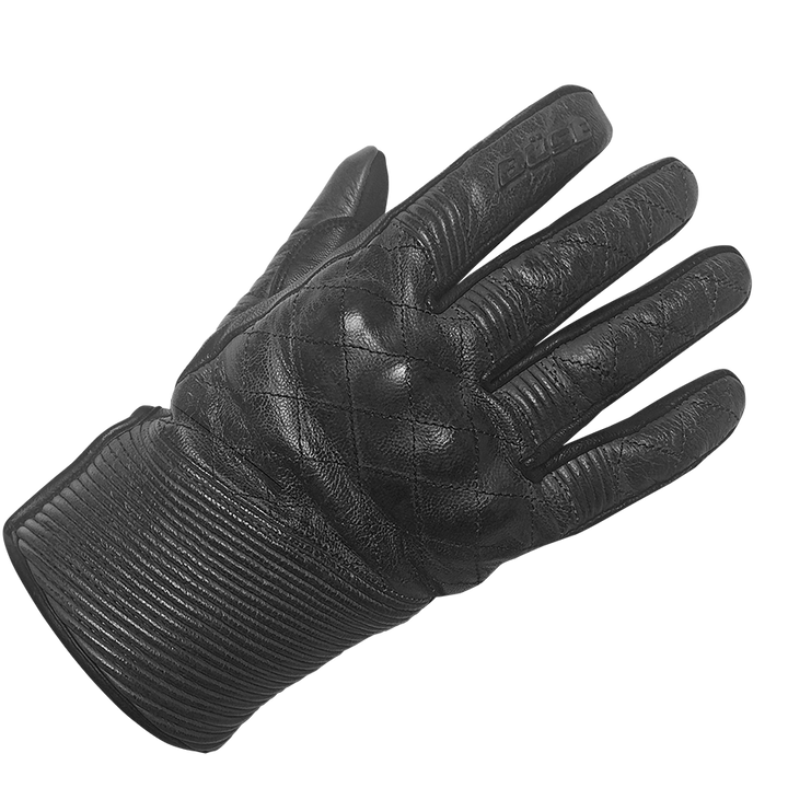 BÜSE Mc-Handskar Drifter Svart i svart läder med quiltad design och ribbad manschett, idealiska för motorcyklister som söker stil och skydd.